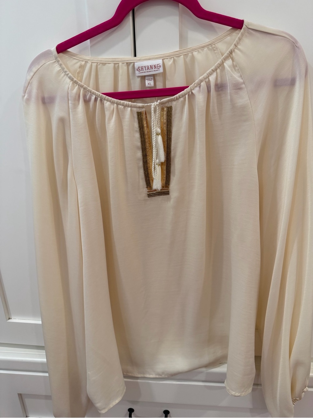 Shyanne Ivory Peasant Blouse with Gold Trim Tassel